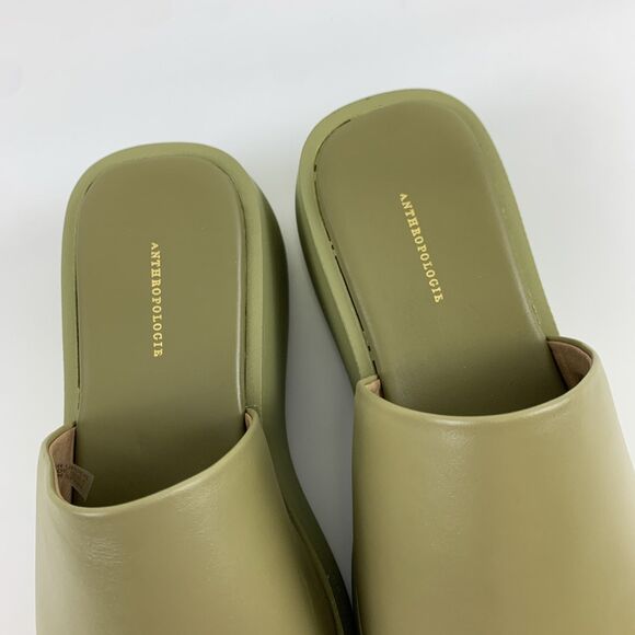 Anthropologie Leather High Platform Wedge Sandal Green Slip On Womens 38 US 7.5 - Picture 5 of 15